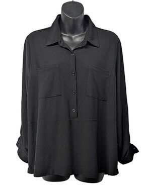 89th + Madison Women Black Button Up Shirt Size Large Roll Tab Sleeves Pockets